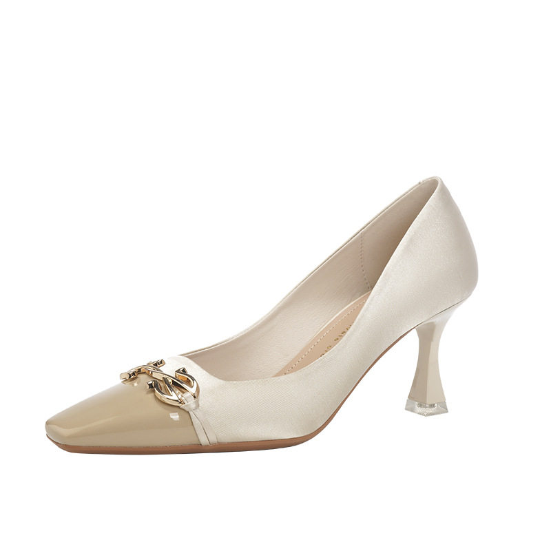 Giày cao gót nữ mũi vuông gót mảnh 6–8 cm phối satin thanh lịch — Màu be, màu đen