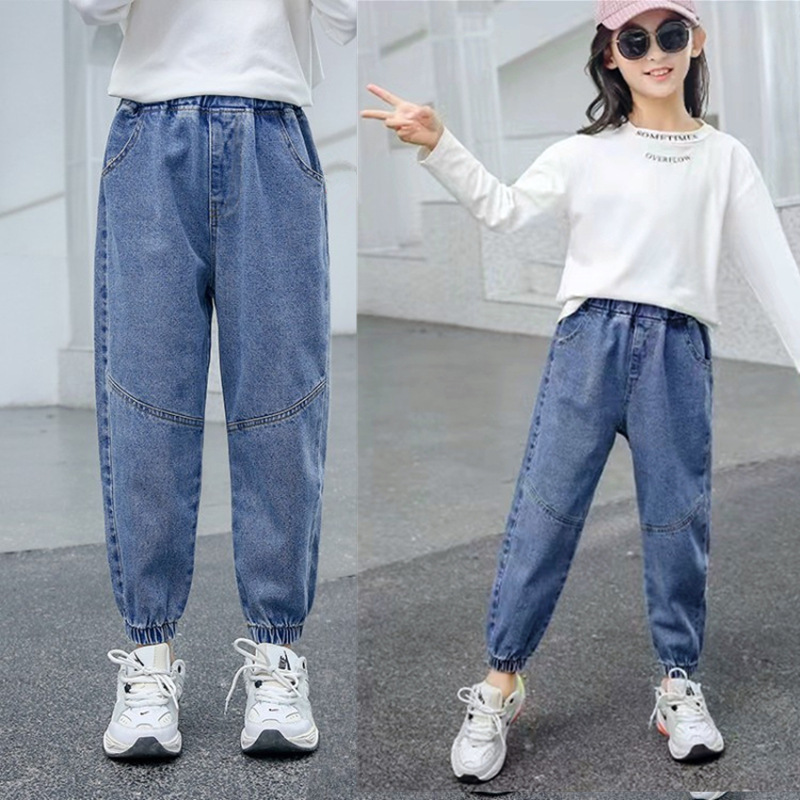 女の子のワークジーンズ春と秋の新しい工場子供服卸売中型および大型子供用ストレートレッグルーズワイドレッグ子供用ズボン|undefined