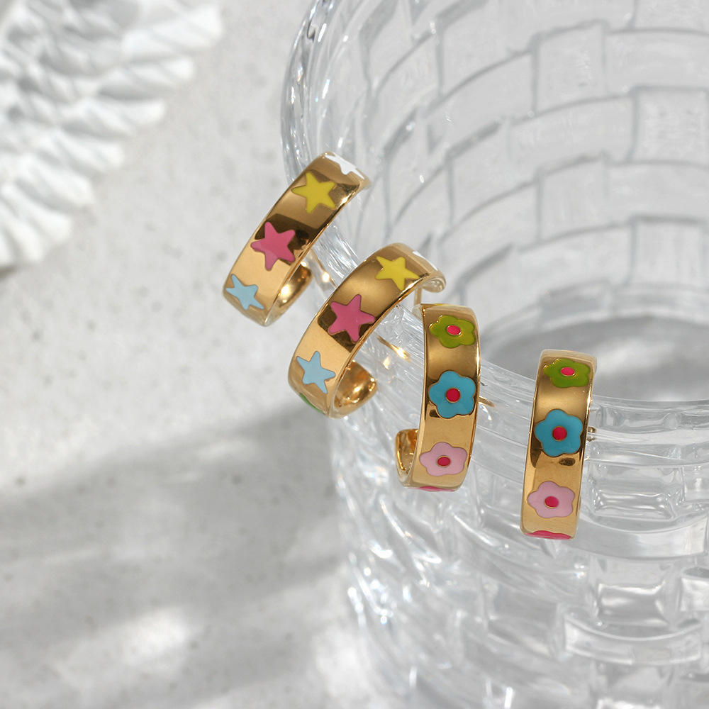 Lady Heart Shape Flower Stainless Steel Earrings Enamel Stainless Steel Earrings