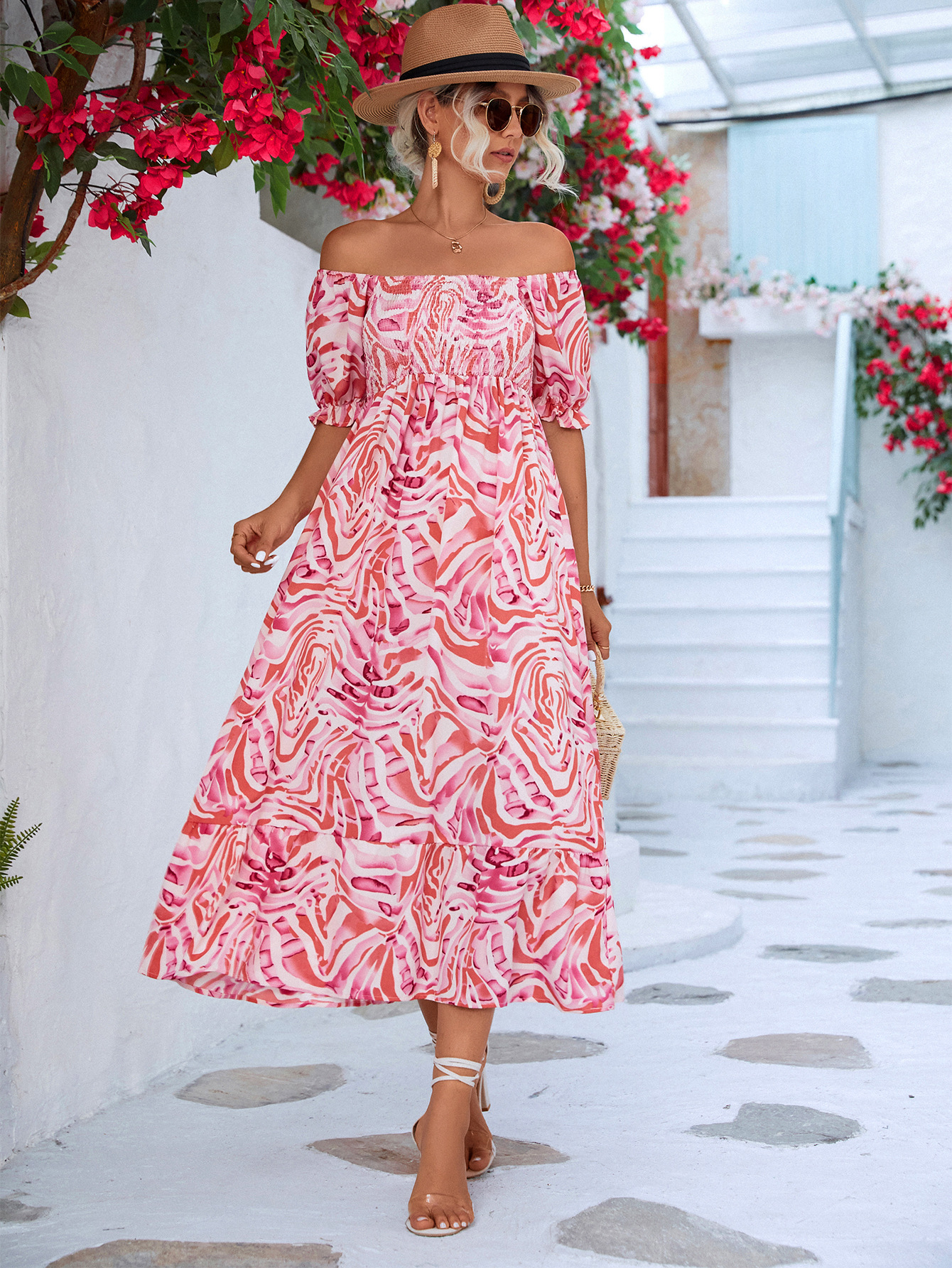 Women's A-line Skirt Vacation Boat Neck Printing Short Sleeve Flower Maxi Long Dress Street display picture 3