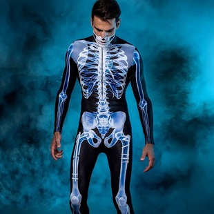 2024 European and American New Halloween Long Sleeve Tight Men's and Women's Body Perspective Skeleton 3D Printed All-in-one Suit