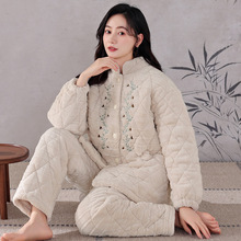 睡衣女冬加绒加厚三层夹棉法兰绒冬季中国风家居服珊瑚绒夹棉套装