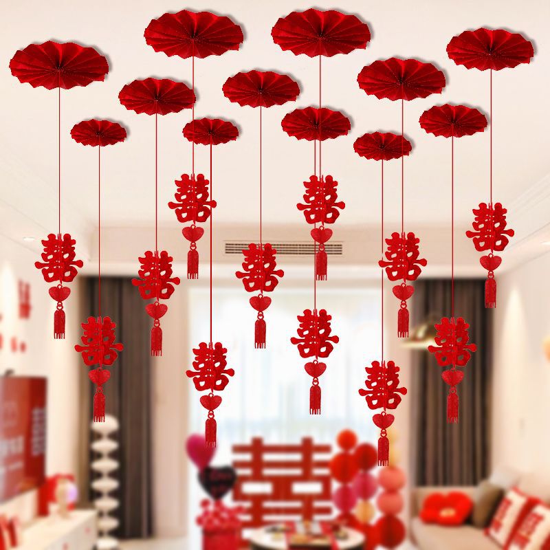 Wedding Room Decoration Set for Living Room, Ceiling Hanging Decorations for Bride and Groom, Paper Fans, Flower Garlands, and Double Happiness Character Hanging Ornaments Wedding Room Decoration Set for Living Room, Ceiling Hanging Decorations for Bride and Groom, Paper Fans, Flower Garlands, and Double Happiness Character Hanging Ornaments