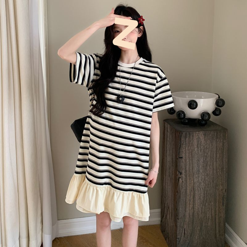Summer New Petite Maternity Dress, Lazy Style, Slimming Mid-Length Loose Patchwork Striped T-Shirt Dress