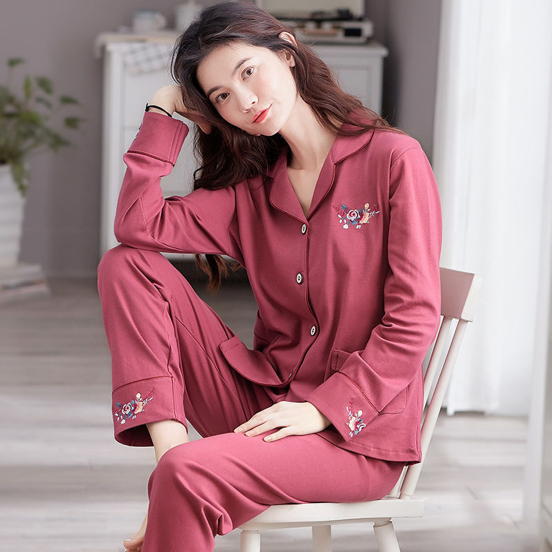 Pijamas de estilo coreano para mujer otoño 100% cardigan de algodón de manga larga para el hogar traje suelto de primavera, Otoño e Invierno para mujer