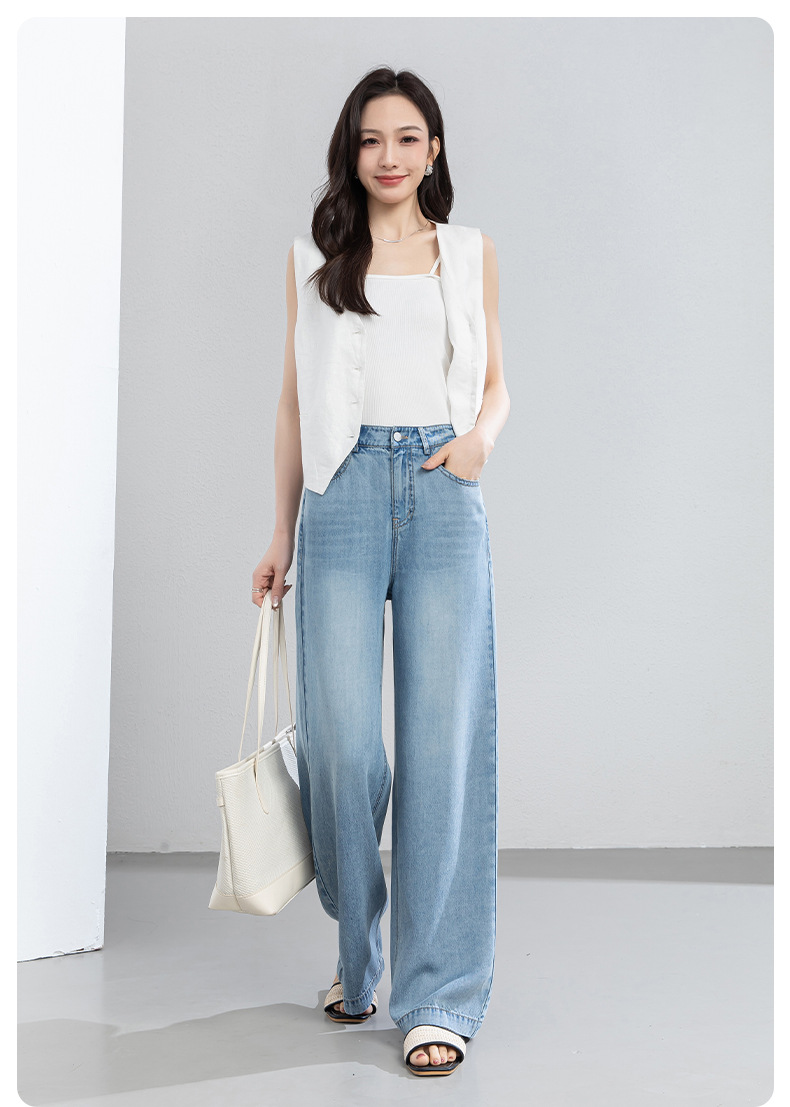 Quần jean nữ ống rộng cạp cao dáng suông vải Tencel mềm mại dài 103 cm — Màu xanh - Chiều dài quần thông thường khoảng 103cm chi tiết 19