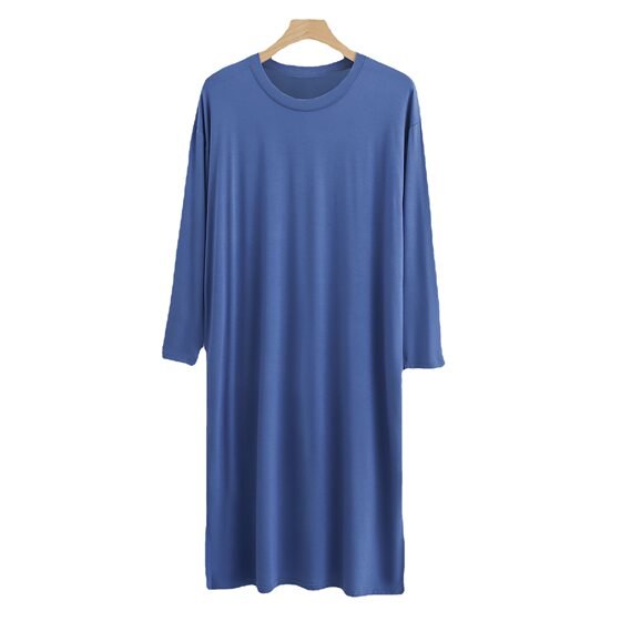 Modal Encryption Men's Crewneck Long-sleeved Nightgown Long Knee-wide Plus Fat Soft and Comfortable Draped Nightdress