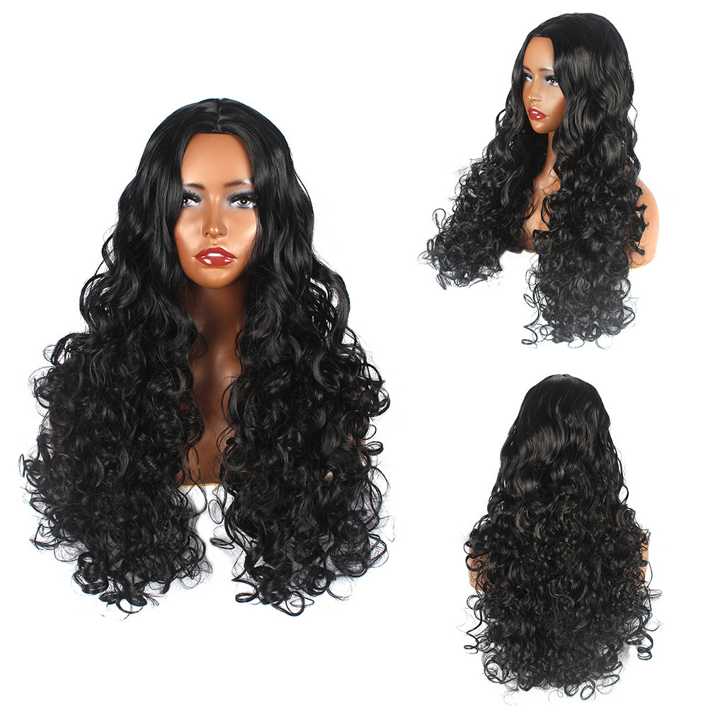 Parrucca da donna nera lunga, riccia, opaca, in fibra chimica, con filo resistente alle alte temperature._voghion.com