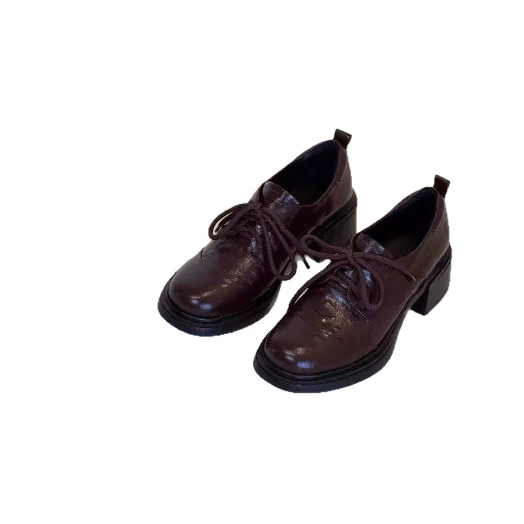 Дубленочная версия ~ 2025 новый ретро стиль туфли-логи для женщин на толстой подошве с высоким каблуком, британский универсальный обувь с круглым носком, шнурки, небольшие кожаные туфли