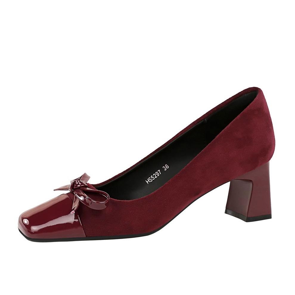5297-H81 European And American Style Banquet Chunky Heel Bowknot Shoes, Patchwork Square Toe Suede Mid-heel Shallow_vogvips.com
