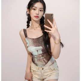 2025新款泰式复古内搭美式辣妹性感短款吊带韩版小背心印花上衣女