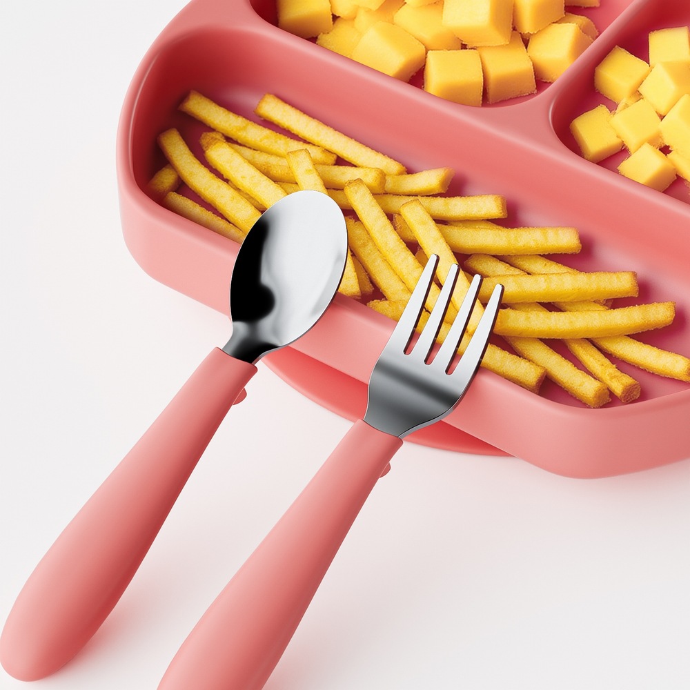 Benhaida Factory Silicone Baby Handle Stainless Steel Baby Fork and Spoon Baby Feeding Fork and Spoon Baby Training Fork and Spoon