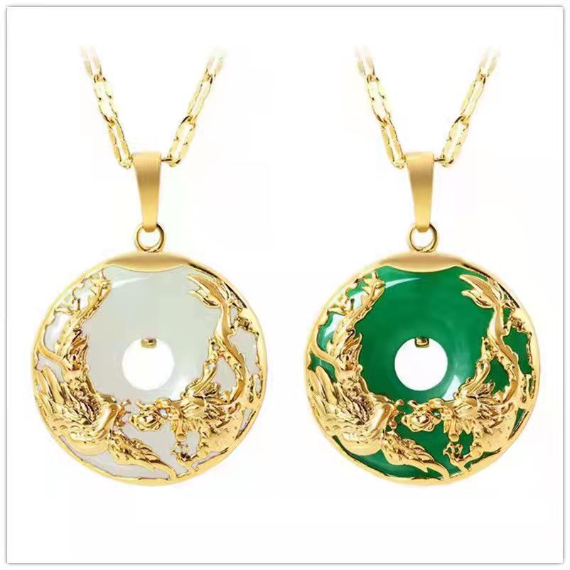 Vietnamese Dragon And Phoenix White Chalcedony Pendant Necklace_voghion.com
