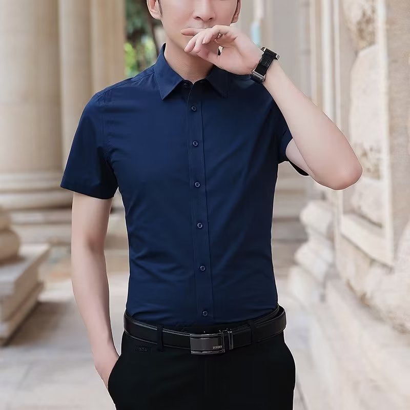 Dark blue, solid color, with short sleeve
