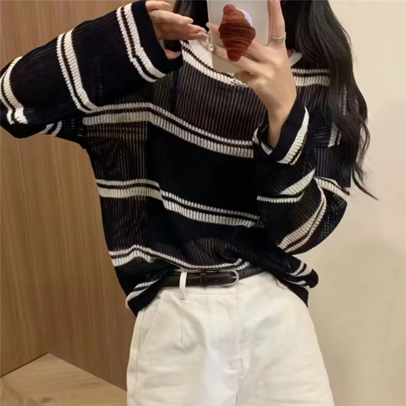 2024 summer new style thin lazy style loose hollowed outfit striped…