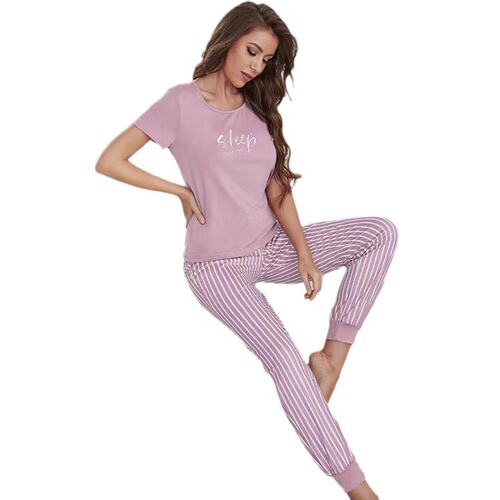 Two-Piece Short-Sleeve Legging Pajamas with Multicolor Print for Summer Women - Thin and Comfortable Home Wear