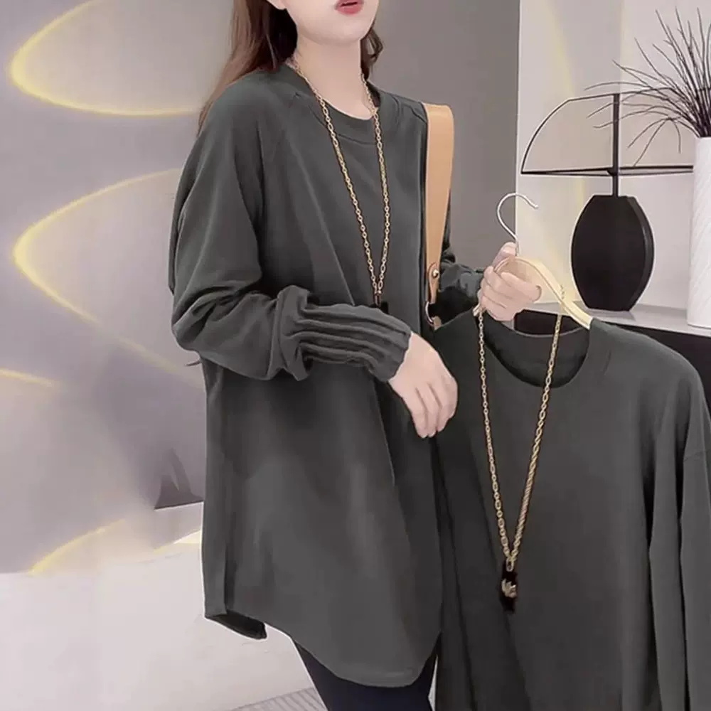 加厚德绒长袖T恤保暖打底衫女秋冬季中长款宽松大码胖mm内搭上衣