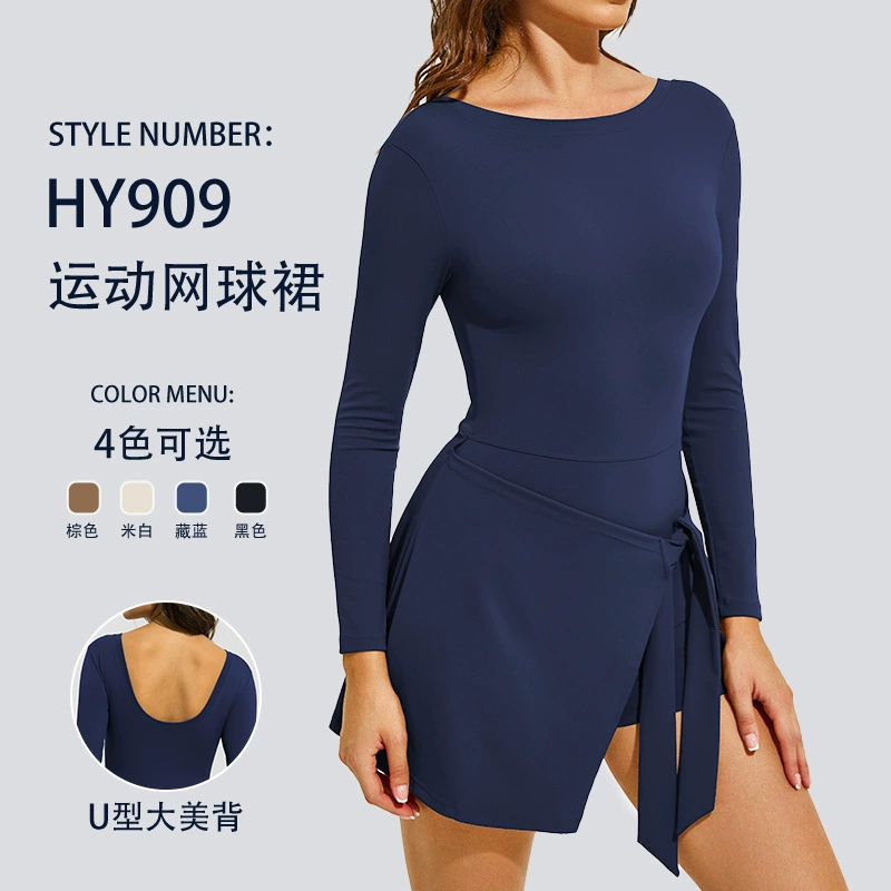 Цельная теннисная юбка с длинными рукавами, телесного цвета, дышащая, защищающая от воздействия, повседневная юбка для гольфа, спортивная юбка для йоги и фитнеса
