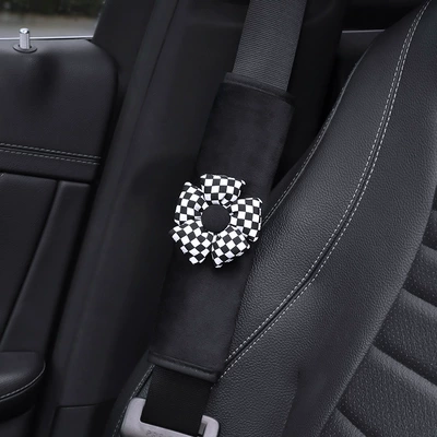 Seat belt shoulder pad Celebrity Cute Camellia Four-Season Car - short-plush-shoulder-pad-black-plaid-flower-1-piece