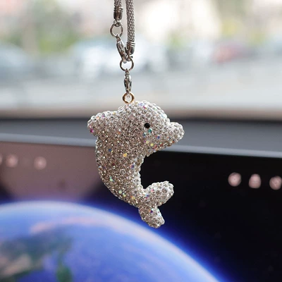 Car hanging Clay Diamond-Encrusted Car Interior - white-rhinestone-dolphin-car-pendant