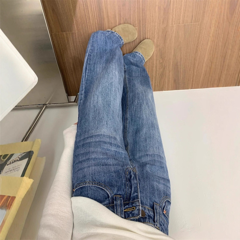 设计感复古水洗直筒牛仔裤女秋季新款小个子中低腰显瘦窄版阔腿裤|undefined