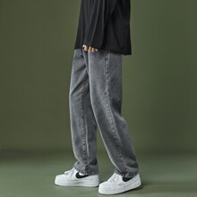 牛仔裤男春秋季新款直筒复古长裤子中腰潮牌磨白港风男女同款代发