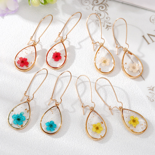 European and American cross-border new large drop dried flower earring, fashionable gold foil eternal flower earring, pastoral style versatile earrings