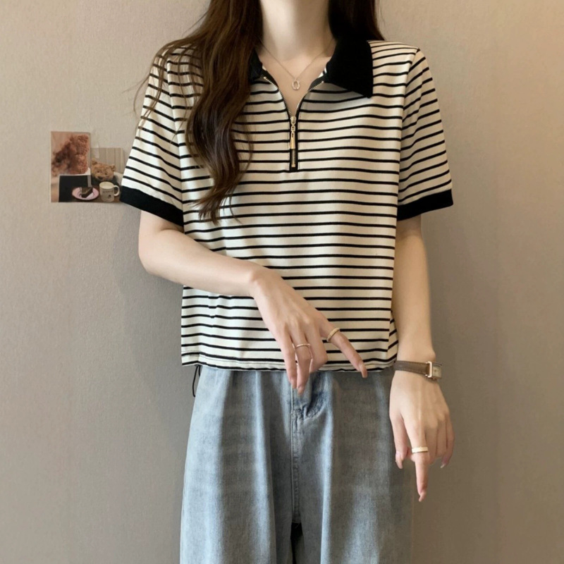 Plus-Size Polo Collar Striped Short-Sleeve T-Shirt for Women, Summer Design with Drawstring, Tummy-Concealing, Stylish Short Top