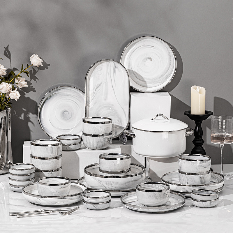 Cross-border silver-edged marble pattern tableware light luxury bowl and plate combination ceramic household dishes high-end housewarming gifts wholesale Cross-border silver-edged marble pattern tableware light luxury bowl and plate combination ceramic household dishes high-end housewarming gifts wholesale