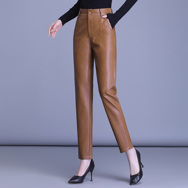 2025 Autumn and Winter Outer Wear Fleece-Lined Imitation Leather Pants for Women Thickeneded High-Waisted Nine-Point Banana Pants Slimming Look Harem Pants
