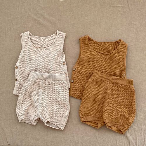  summer ins baby knitted sweater thin vest buttoned top + shorts 2-piece suit for male and female babies