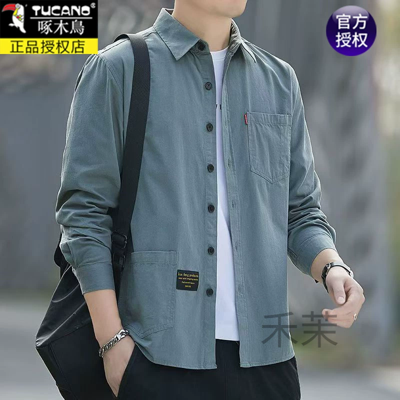 Дятел 100% хлопчатобумажная рубашка мужская с длинными рукавами повседневная рабочая одежда куртка мужская весенняя и осенняя рубашка мужская тенденция