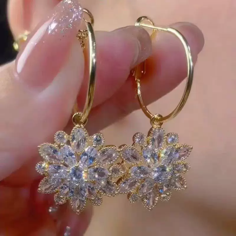 新款复古锆石水晶花朵耳环超闪时尚轻奢风气质个性小众高级感耳饰