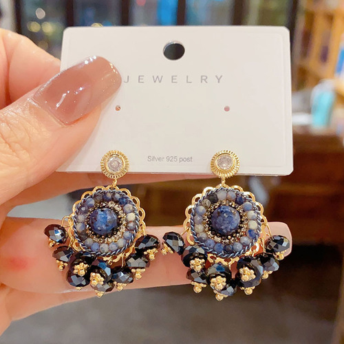 重工款手工水晶流苏耳钉复古轻奢小众百搭银针耳环高级感网红耳饰