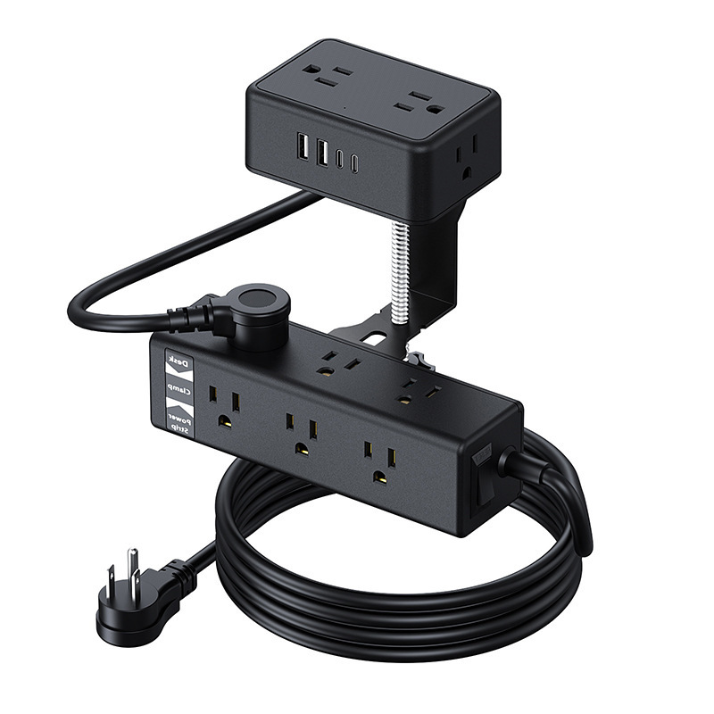 双层夹桌式插座美标多电源排插配4USB快充底部可扭转固定桌面