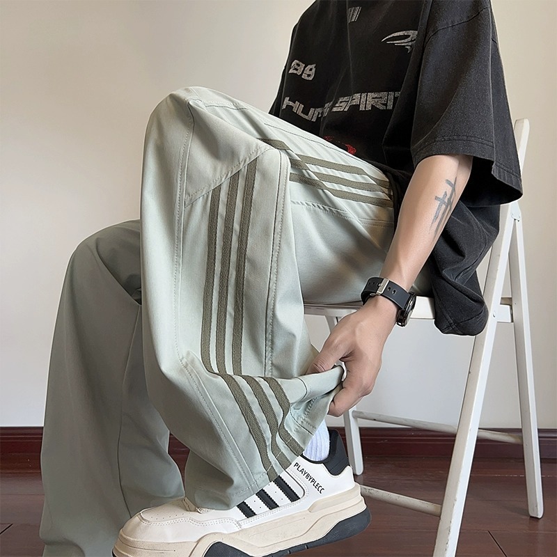 ウッドペッカーストライプアイスシルクパンツメンズ夏薄いルーズストレートワイドレッグパンツ若者新しいカジュアルパンツ|undefined