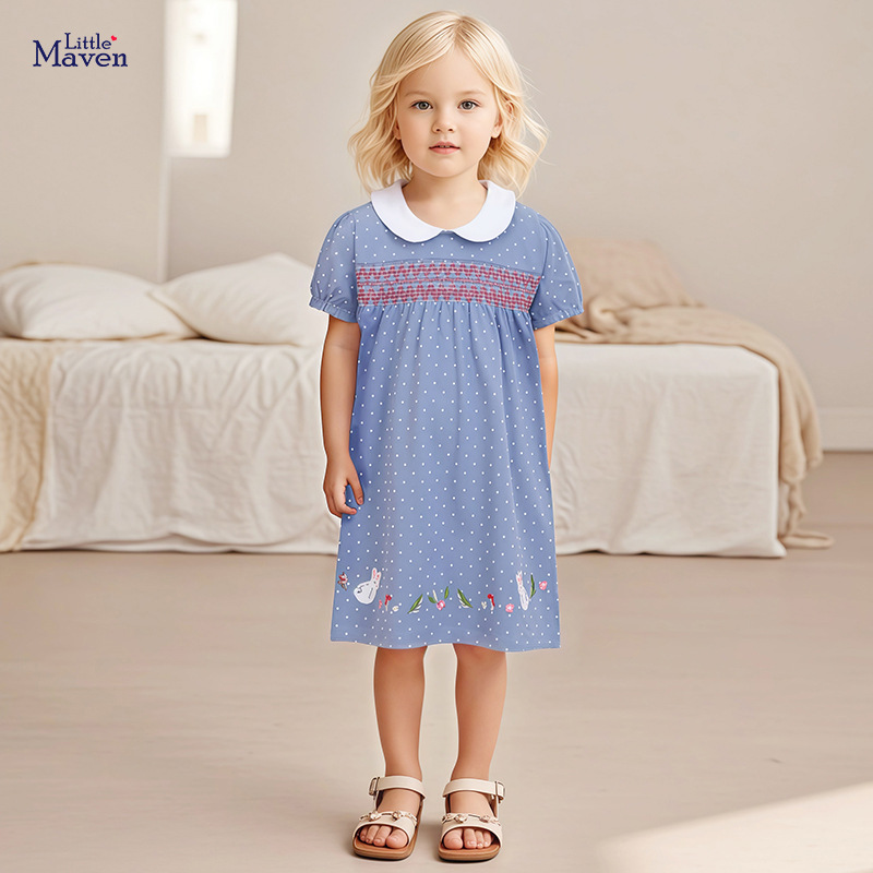 Little Maven European and American Style Summer New Girls' Dress Short-Sleeved Cotton Polka Dot Print Children's Dress