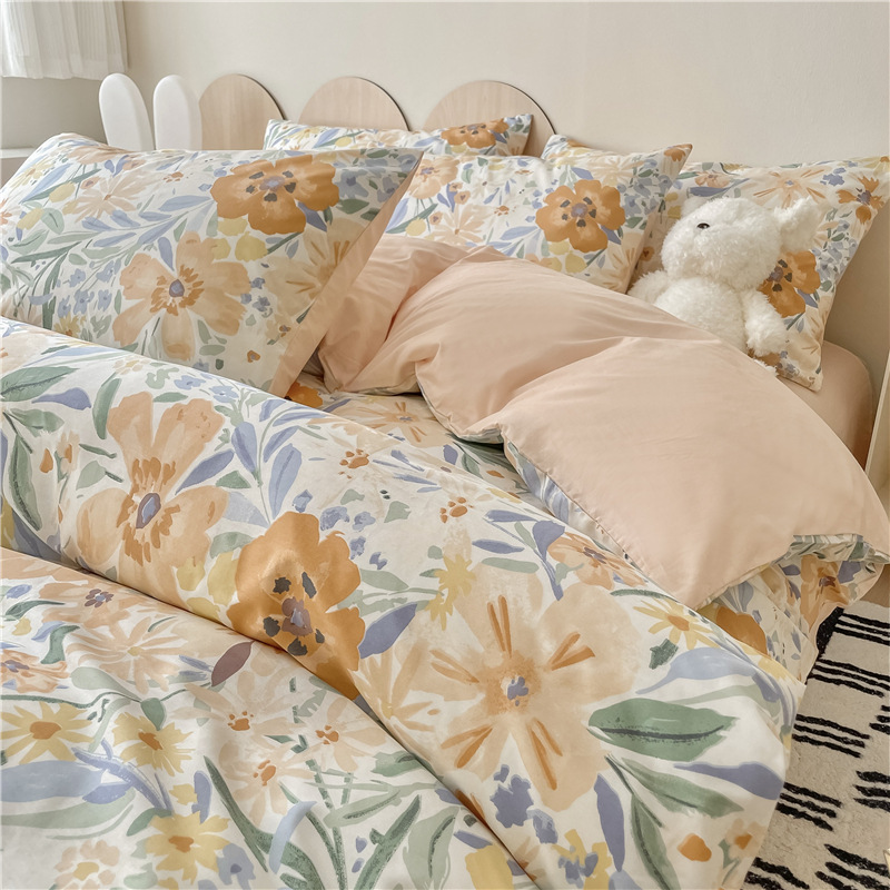 Cama de algodón de cuatro piezas 100 cubierta de sábanas de algodón cubierta de sábanas de dormitorio de estudiantes de tres piezas con camas Kasa4