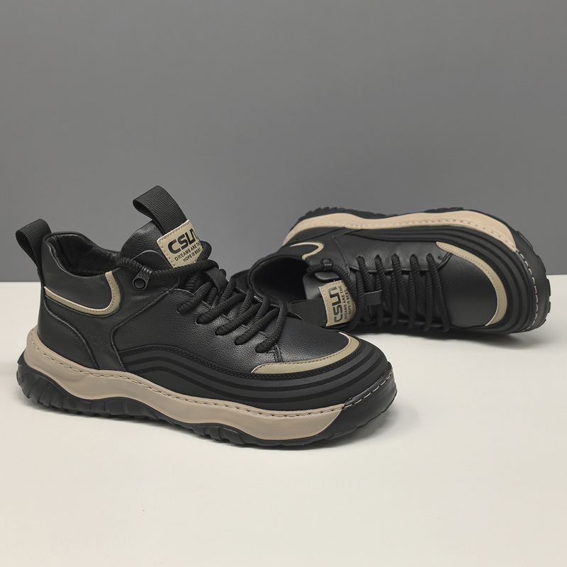Men's Genuine Leather High-Top Shoes with Quirky Cute Ugly Casual Design, European Style Men's Shoes, Internet Celebrity Hot Style, Niche Autumn and Winter Mango Shoes
