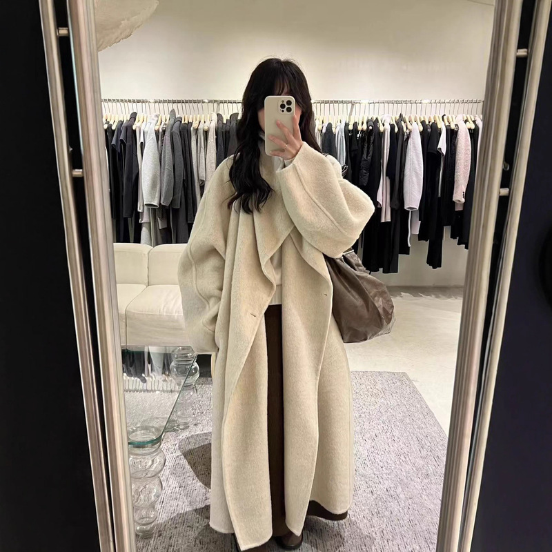 Autumn and Winter New Double-Sided Wool Coat for Women, Korean Style Slimming Lazy Style, Long Elegant Sheep Wool Lapel Coat for Women