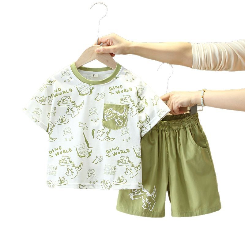 7277 Traje de verano para niños 2025 nuevo estilo estilo occidental dibujos animados para niños dinosaurio de manga corta bebé verano delgado dos piezas