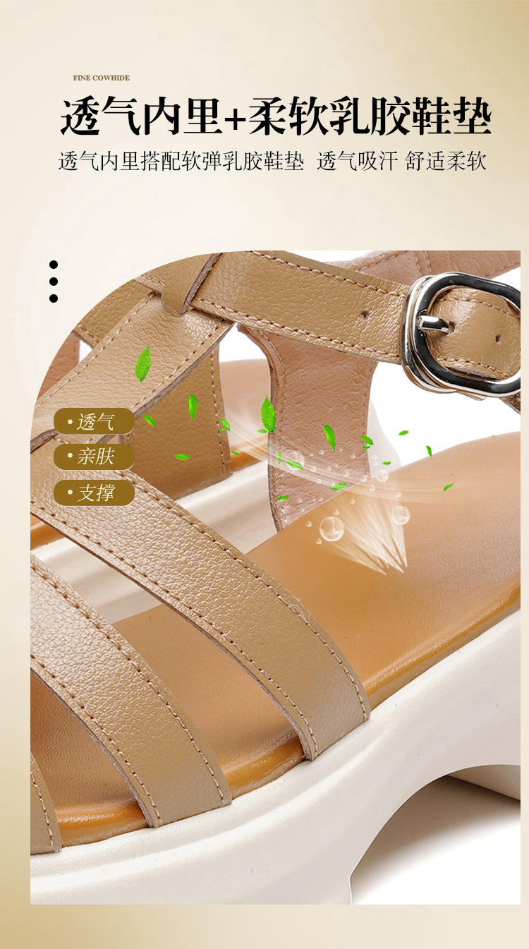 Sandal La Mã nữ da thật đế dày gót vuông quai ngang — Màu đen chi tiết 8