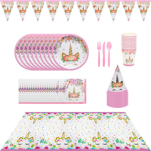 Flower Unicorn Amazon Paper Plate Paper Cup Birthday Children's Day Party Tableware Pull Flag Decoration Father's Day Tablecloth