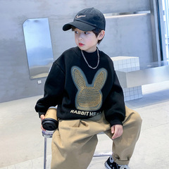 Boys' Spring Black Rabbit Hoodie 2024 New Model Medium and Large Children's Clothing for Boys Spring and Autumn Trend Brand Top