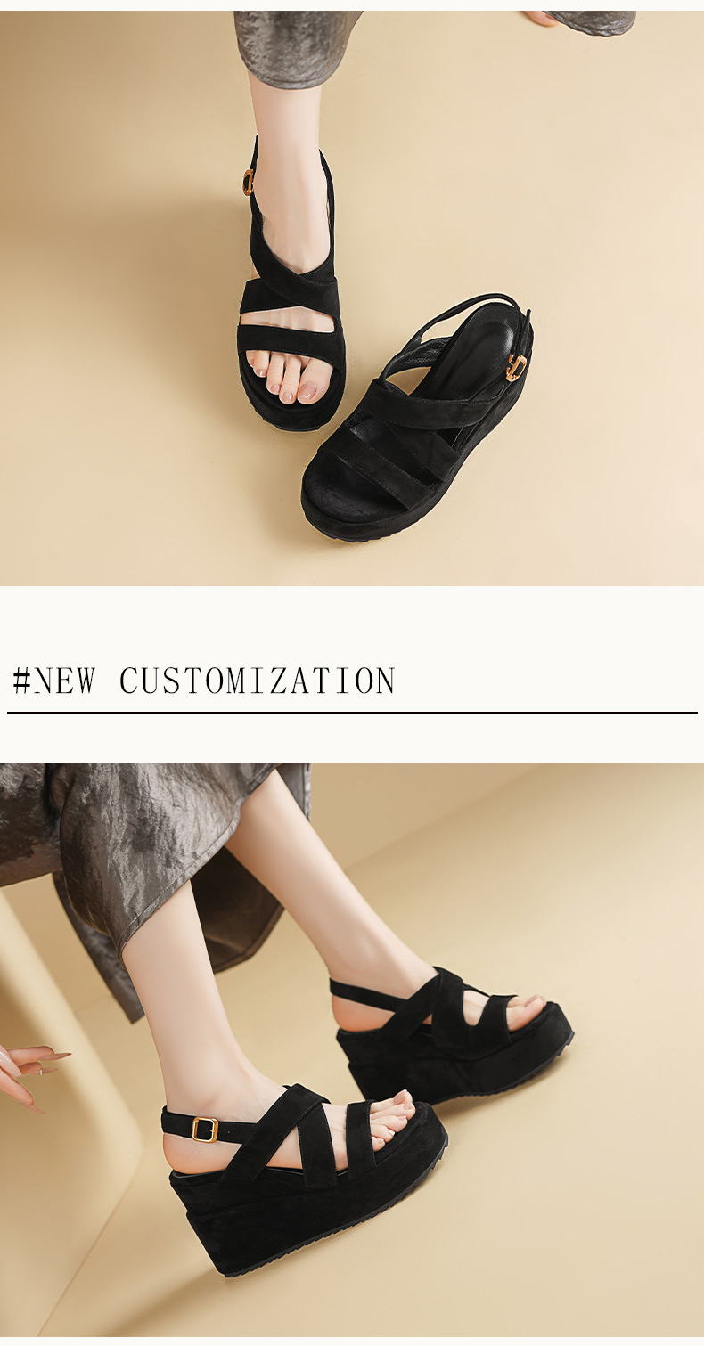 Sandal nữ hở mũi quai chéo đế xuồng cao gót 10 cm — Da cừu đen chi tiết 4