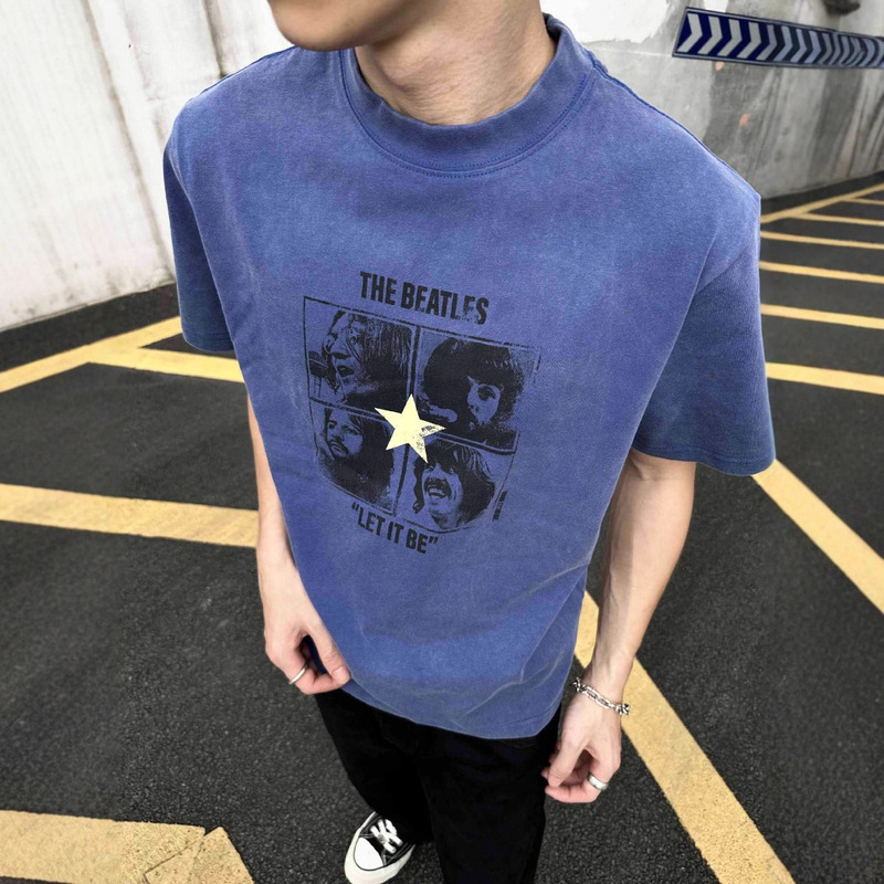Eme Men's Clothing Wax-Dyed Cotton Washed Vintage American Retro Band Print Round Neck Summer Short-Sleeved T-Shirt Vibe