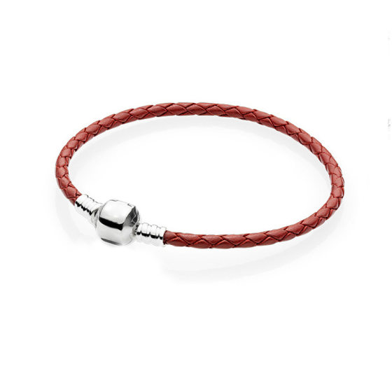 Panjia s925 Sterling Silver Leather Rope Buckle Red and Black Single Circle Double Circle Woven Leather Rope DIY Basic Bracelet