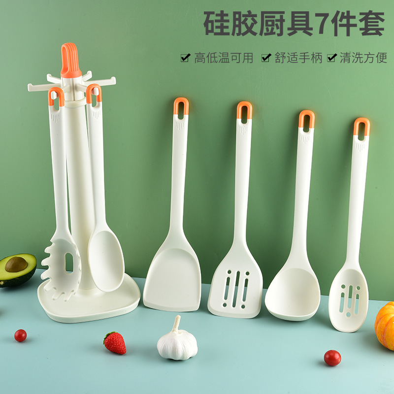 シリコンキッチン用品7点セット、スパチュラ、フライパンスプーン、ザル、フライパンスプーン、パウダースクレーパー、オイルブラシ、キッチン用品ラック、11点セット|undefined