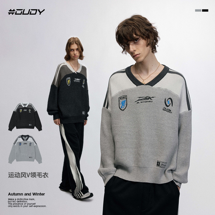 # OVDY Fall/Winter New Sweater Men's Looser Hand Brush Silk Screen Jacquard Street Tide Rovers V-Neck Knitted Shirt