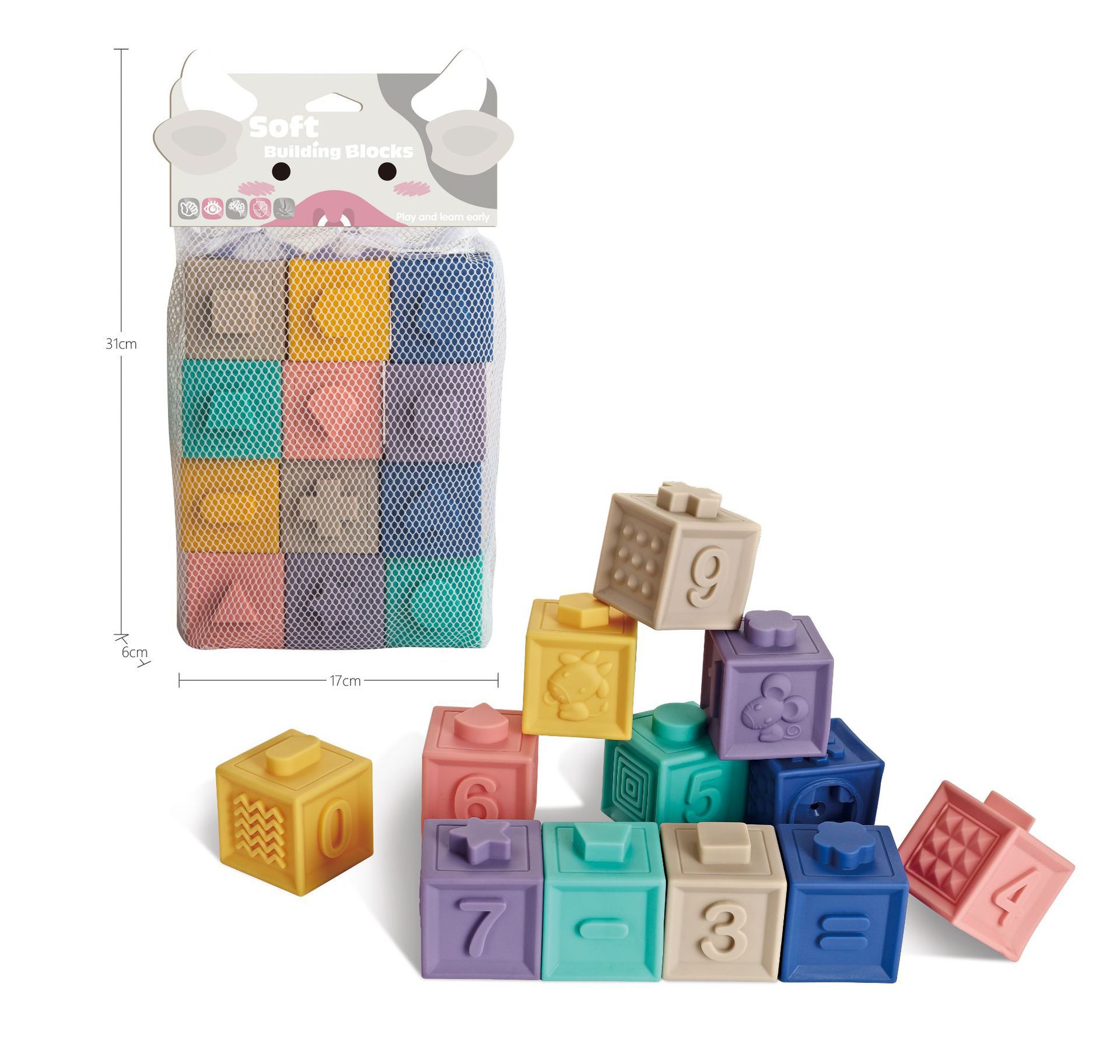 Transfronterizo de exportación de goma blanda bloques de construcción juguetes Infantil Educación Temprana animal color digital cognición montaje de bloques de construcción pellizco música